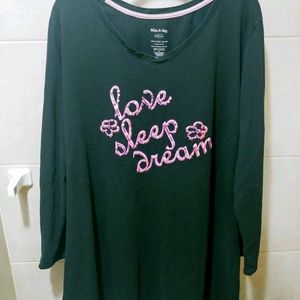 Black nightgown with pink sequent lettering